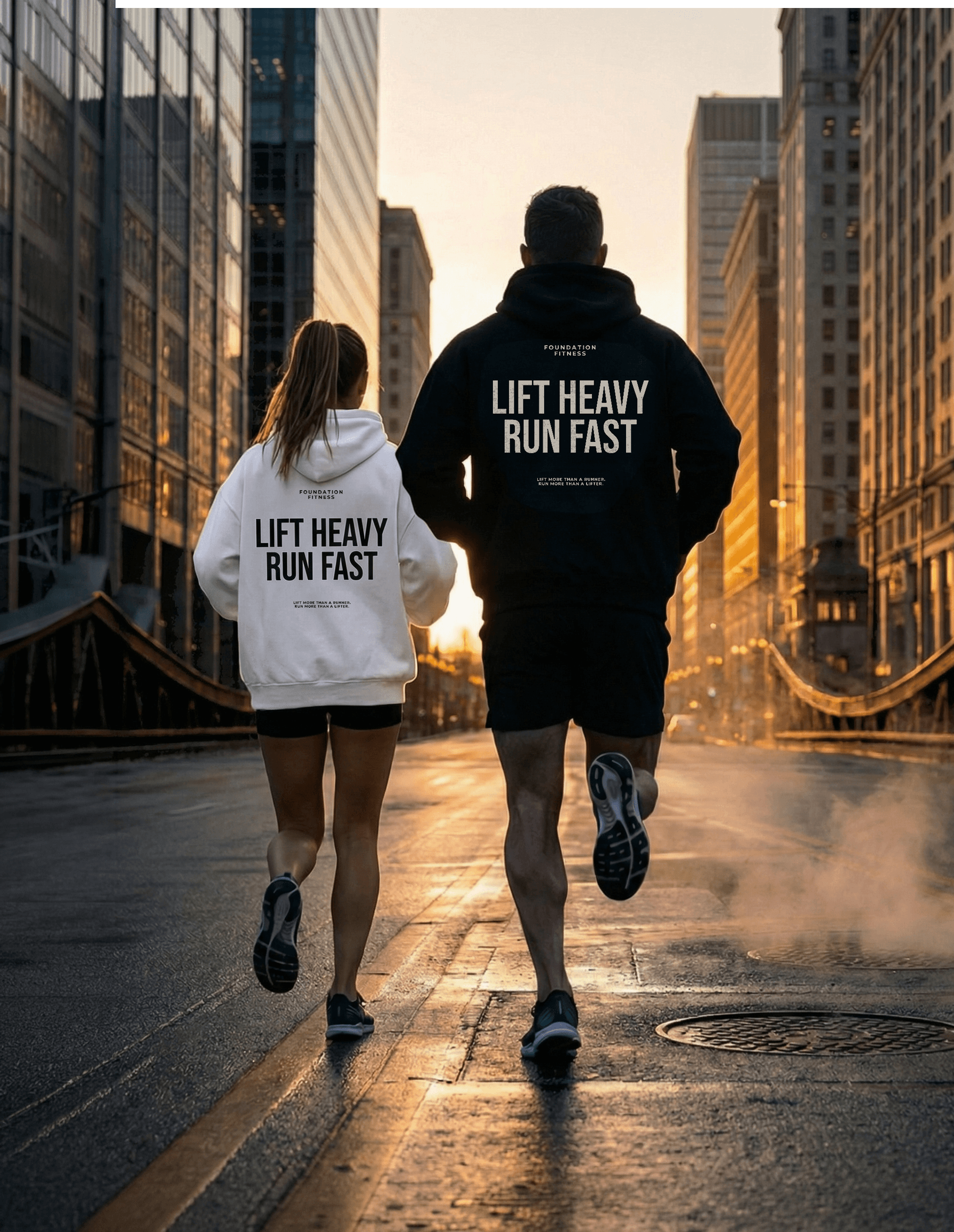 Couple running together in Foundation Fitness hoodies